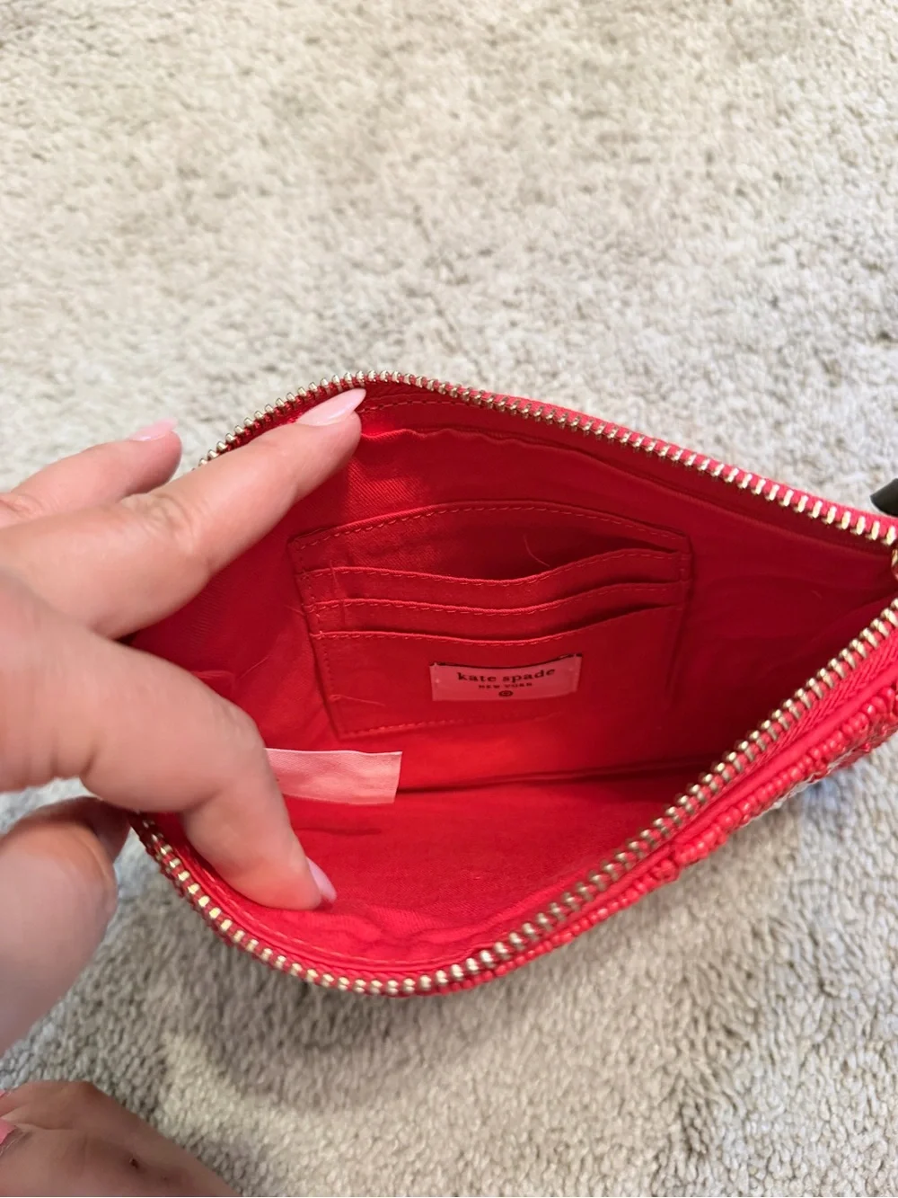 kate spade pink and white 'Going to Target' beaded wristlet pouch